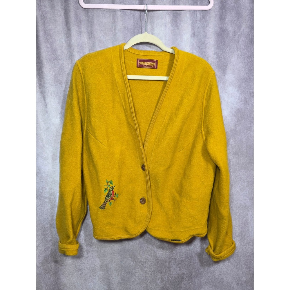 Geiger Collections Mustard Yellow Boiled Wool Bird Embroidered Cardigan Jacket